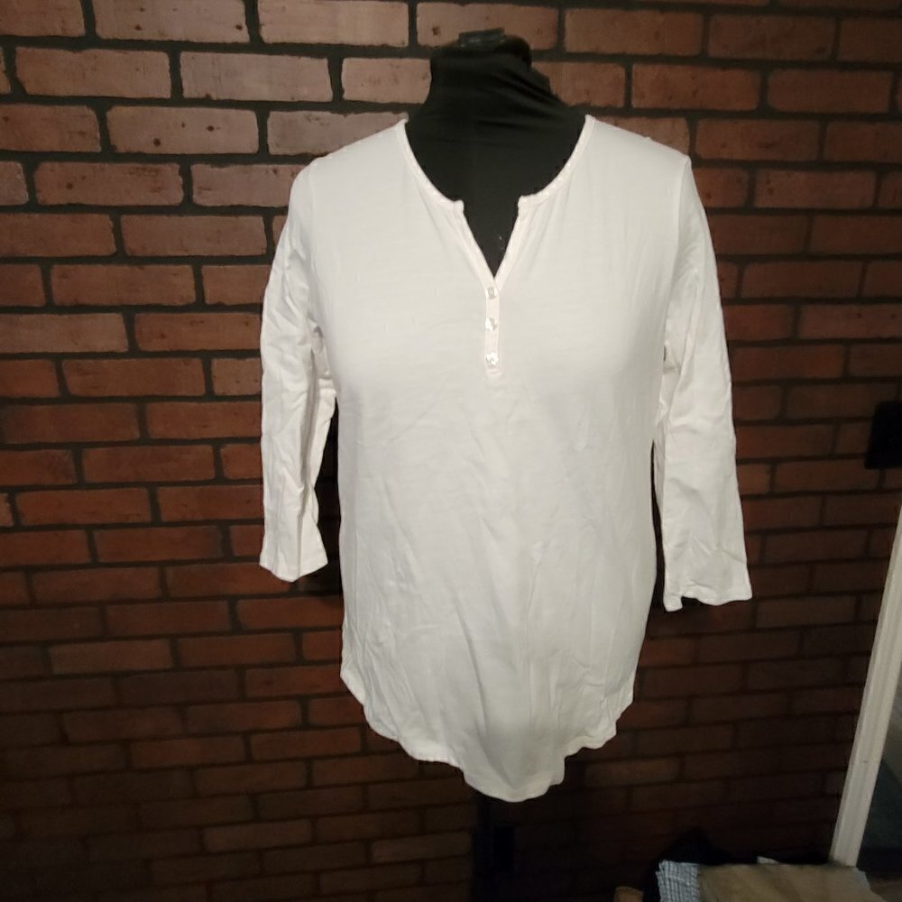 Kim Rogers 3/4 length sleeve top with scoop/henley neck ladies fit - Size LG